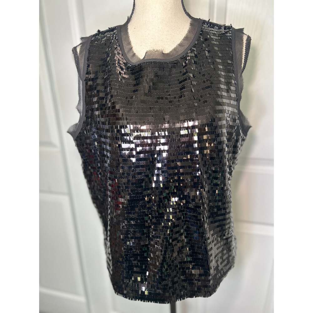 Who What Wear Black Sequin Sleeveless Top Mesh Trim Keyhole Back‎ Blouse XL